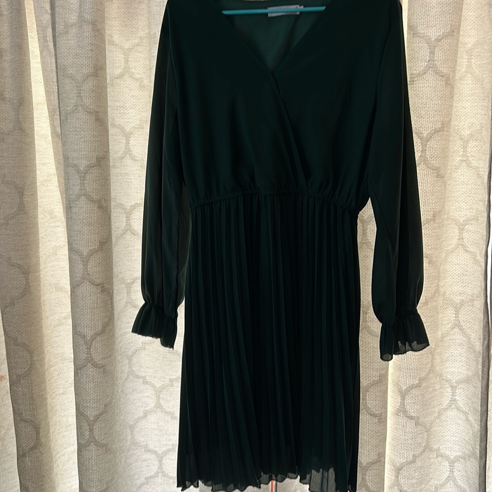 Beautiful hunter green pleated long sleeve dress